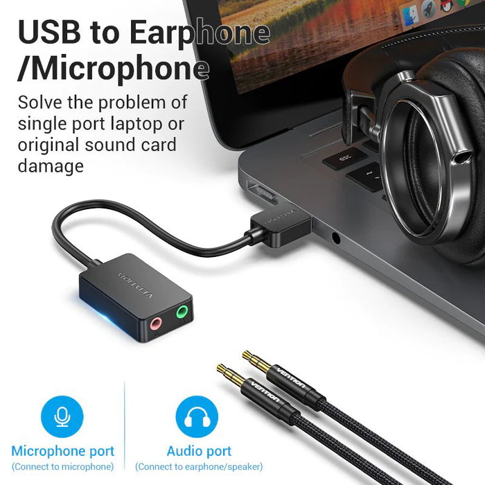 Vention CDYB0 Tarjeta de Sonido Externa 2.1 Canales USB Negro